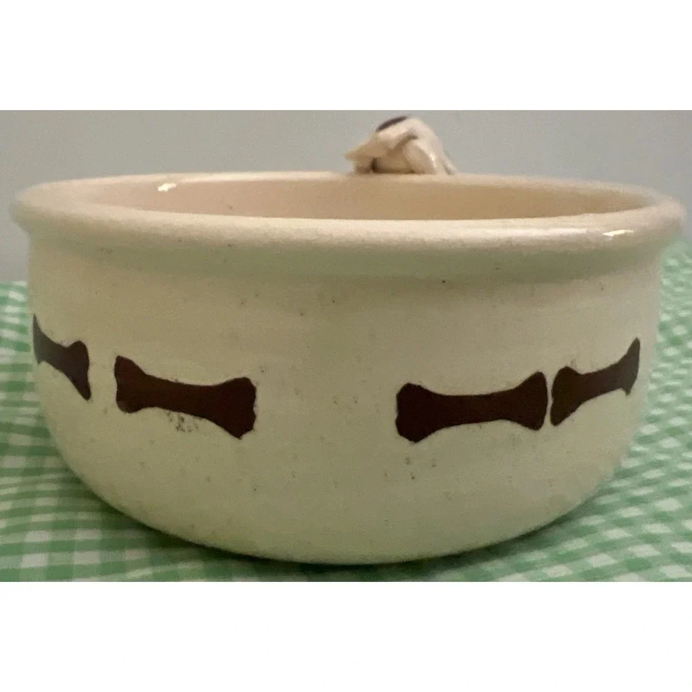 Sm Dog‎ Food Water Bowl White Dog Brown Spots Glazed Studio Pottery Signed 5